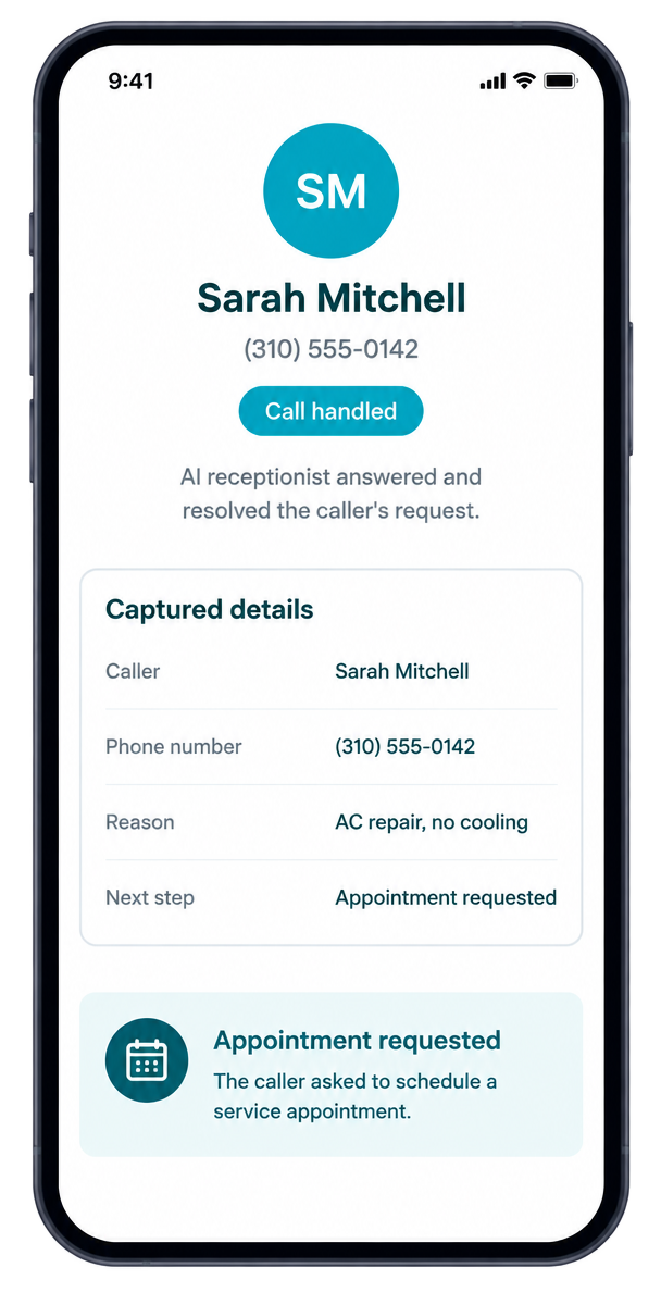 Office Relay product mockup showing Sarah Mitchell’s call handled, her phone number, and captured AC repair request