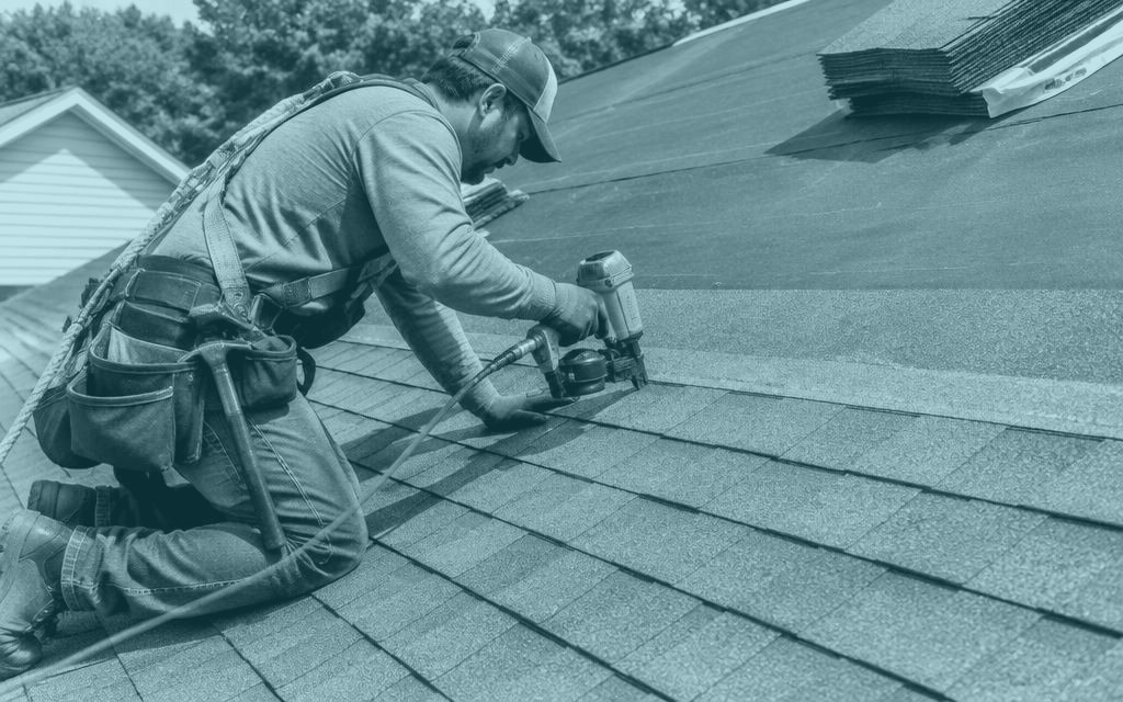 Roofer installing shingles on a residential roof